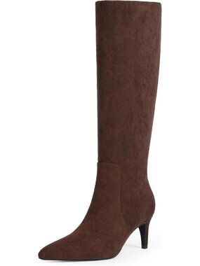 Women's Chocolate Faux Suede Stylish Pointed Toe Low Kitten Heel Knee High Boots